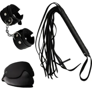 Kit Sado 3 articulos - Latigo de cuero -Esposas - Antifaz Ciego