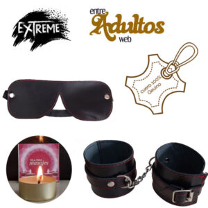 Esposas de Cuero Con Hebilla + Antifaz Ciego + Vela Masajes